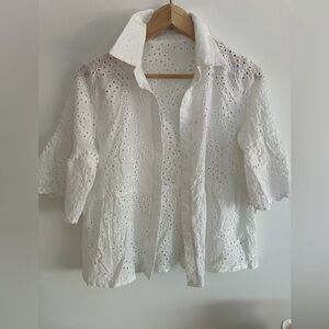 White Eyelet Lace Button Front Blouse Boho Peplum Top Cottagecore Large